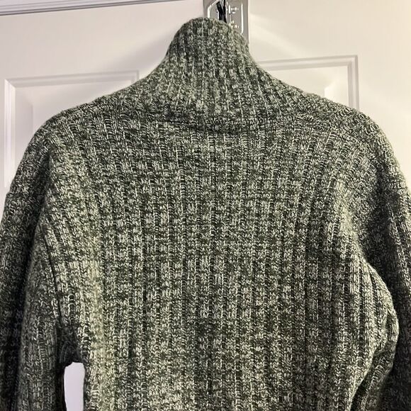 Lambs Wool Blend Heather Green Long Sleeve Cable Knit Cross Cowl Neck Sweater-PL - Picture 9 of 13